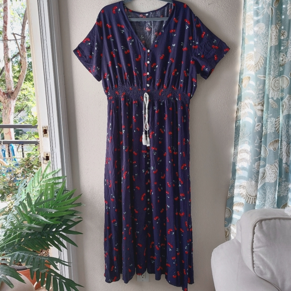 NAVY WITH WIMSICAL CHERRY PRINT MAXI / MIDI BUTTON FRONT DRESS